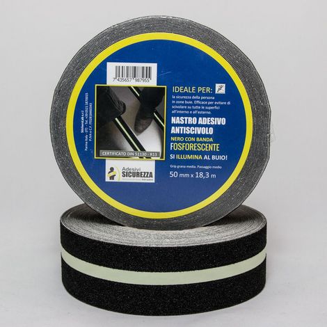 Rotoli di adesivo antiscivolo nero con banda fotoluminescente Packaging - 50 mm x 18,3 mt ( 1 Rotolo) (1/3)