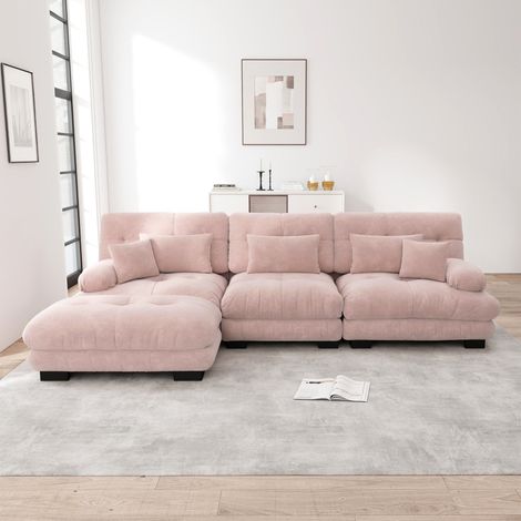 Canapé d'angle modulable, forme l oversize avec ottoman, assise
profonde, tissu chenille côtelé, rose (1/5)