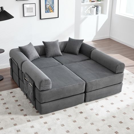 Modulares Sofa (270x180x64 cm), flexibel kombinierbar, mit Seitentasche, Corduroy, Dunkelgrau (1/5)