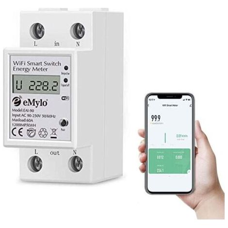 Compteur d'énergie numérique monophasé 60A – 90-250V AC – WiFi – Rail DIN – Précision 0,3% – Compatible Alexa et Google Home (1/5)