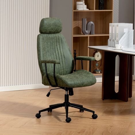 Fauteuil de Bureau en Cuir Synthétique Vert, Hauteur Réglable, Pivotant 360°, Inclinable 15°, Charge Max 136kg, Fauteuil de Travail avec Appui-tête (1/5)