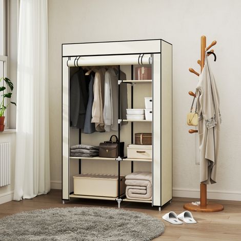 Armoire en tissu, solution de rangement, 6 étagères, 1 tringle, beige (1/5)