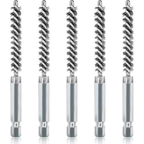 Lot de 5 brosses de nettoyage en acier inoxydable de 8mm avec poils en acier inoxydable pour perceuse électrique, brosse métallique abrasive avec tige hexagonale de 6,35 mm (1/4)