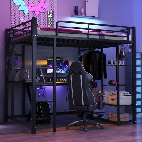 Cama alta 140x200 cm negra de metal con escritorio, estantes y perchero (1/5)