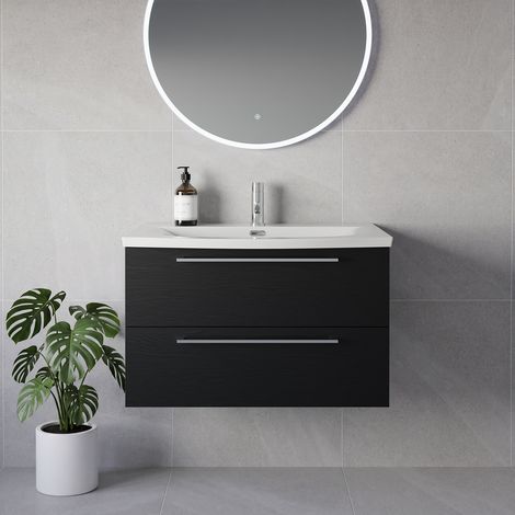 Napoli 390 Nero Oak 800mm Wall Mounted 2 Drawer Vanity Unit with Arc Basin - 800mm - Chrome 480mm Handle