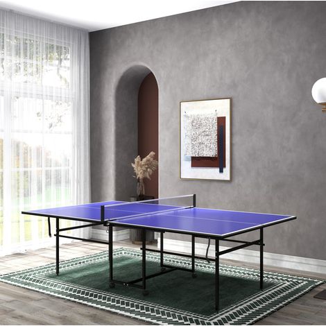 Tavolo da ping pong pieghevole con ruote, set 2 racchette e 3 palline, blu, 274 x 152,5 x 75,5 cm (1/5)