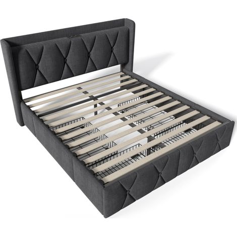 Lit rembourré avec recharge USB, tête de lit et 4 tiroirs, lit double 140x200 cm, lit de rangement, cadre de lit, sommier à lattes en bois, gris (avec matelas) (1/5)