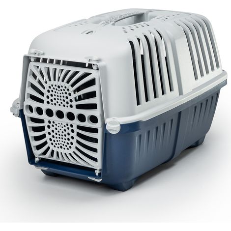 lionto Katzentransportbox, sichere Transportlösung für Katzen & kleine Tiere, Belüftung & Griff, 48x31,5x33 cm, dunkelblau