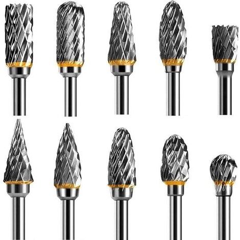 Jeu de Fraises Rotatives Acier Carbure de Tungstène Double Tranchant pour Outil rotatif, 10 pièces Tige 1/8” pour Outil Rotatif pour Bricolage, Sculpture sur bois, Polissage métaux, Gravure, Perçage (1/4)