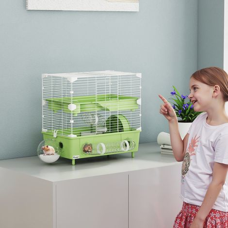Vert et blanc - Cage pour hamster : 2 niveaux et 3 portes avec roue, litière et tubes de jeu, cage pour animaux en acier, 5x28x44 cm