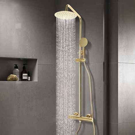 Duschset Duschsystem Duscharmatur Thermostat Regendusche Gold mit Handbrause Bad,ein 7,87-Zoll-großes Topspray,Messing und Edelstahl 304,für Häuser, Hotels, Schulen, Wohnungen, Schwimmbäder