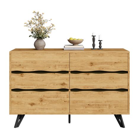 Buffet moderne à six tiroirs : Finition aspect bois, pieds en métal, rangement spacieux, design minimaliste — Idéal pour le salon et la salle à manger.