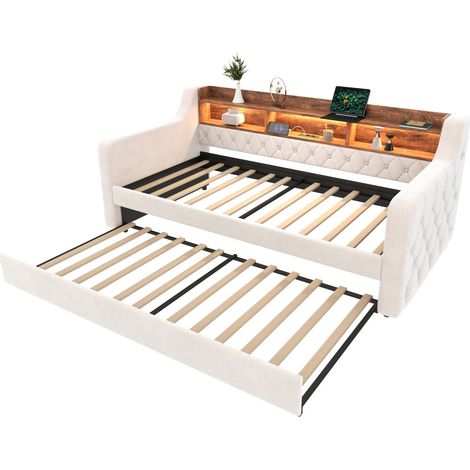 Canapé-lit gain de place 90x190 cm en velours avec rangement, éclairage d’ambiance LED et port USB-C, 12 lattes et cadre solide en métal et bois – pour chambre à coucher, chambre d’amis ou chambre d’a (1/5)