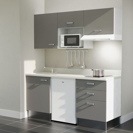 Kitchenette K20L - 180 cm - plan monobloc évier intégré Snova- évier à gauche - Façades Gris + Electroménager inclus coloris Blanc (1/5)