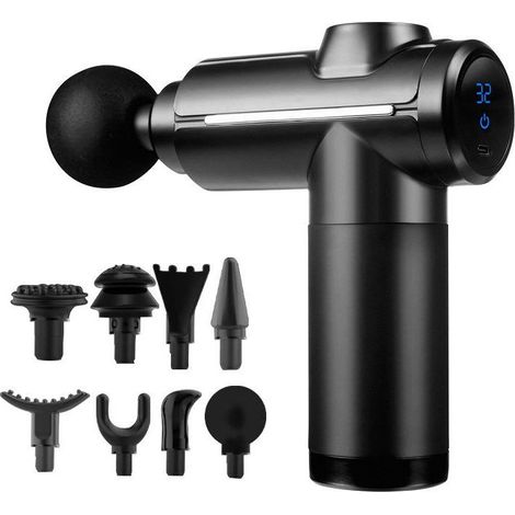 Pistolet de massage des tissus profonds, mini-masseur musculaire à percussion, 32 vitesses réglables, écran tactile LCD, 8 têtes pour les épaules, le corps et le dos, noir