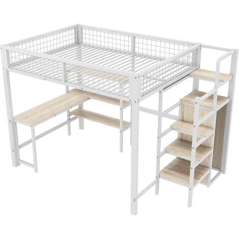 Hochbett 140 x 200 cm aus Metall und MDF mit Schreibtisch, Regalen und Schrank, weiß (1/5)