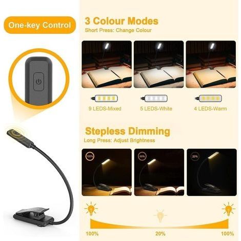 Leselampe mit Buchklemme, Buchlampe mit 9 LEDs, 3 Farbtemperaturmodi, Dauerlichtfunktion, USB-aufladbar, 360° flexibel zum Lesen (1/4)