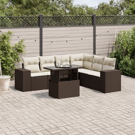 Ensemble salon de jardin marron en résine tressée avec 7 coussins et table réglable - 6 places (1/5)