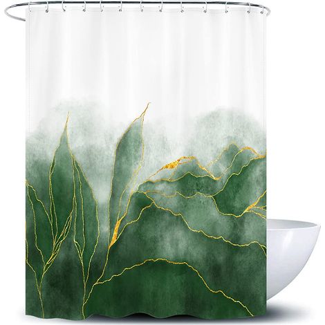 Rideau de Douche à Motif marbré Vert et doré, Moderne pour décoration Artistique de Salle de Bain, Lignes Vertes et dorées, Tissu Polyester imperméable, 183 x 183 cm (1/5)