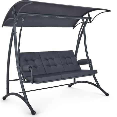 M MCombo 3-Sitzer Hollywoodschaukel mit Liegefunktion, 3 Extradickem Sitzkissen & Silent-Haken, Ruhige Gartenschaukel bis 300kg Belastbar,  Schaukelbank Outdoor Wetterfest 4025 (grau)