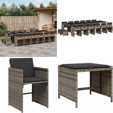 17-tlg. Garten-Essgruppe mit Kissen Grau Poly Rattan - Gartenmöbel Set - Gartentisch - Gartenstühle - Gartenhocker - Rattan Möbel - Home & Living
