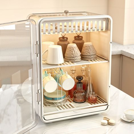 Organisateur de tasses anti-poussière, boîte de rangement pour service à thé, égouttoir transparent blanc pour table, idéal pour la maison. (1/3)
