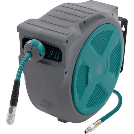 ECD Germany Carrete de Manguera de Aire Comprimido 20m + 2m Enrollador de Recogida Automática Conexión de 1/4" máx. 15 bar, Giratorio 180°, Ø12mm Portamangueras de Jardín con Kit de Montaje en Pared
