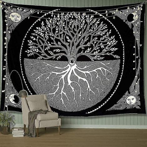 Tapisserie murale Arbre de Vie, Tapisserie esthétique Soleil et Lune, Tapisserie mandala noire et blanche, Décoration murale pour salon et chambre (1/5)