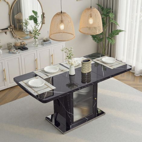 Table de salle Ă manger rectangulaire extensible 120-160 cm, MDF, acier et verre, noire (1/5)
