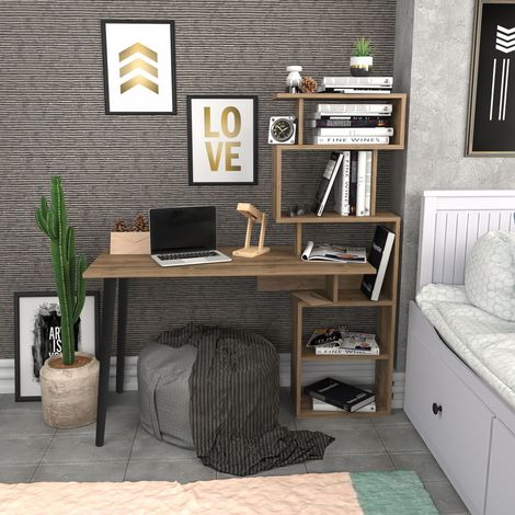 Vina bureau 120 cm longeur étagères à 5 niveaux incluses (noyer) (1/5)