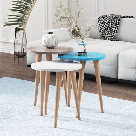Tables gigones - set de 3 - le pied en bois - colorés (teak - créme et turquoise)