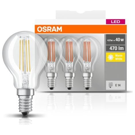 OSRAM LED Base Classic P, in Tropfenform mit E14-Sockel, Nicht Dimmbar, Ersetzt 40 Watt, Filamentstil Klar, Warmweiß - 2700 Kelvin, 3er-Pack