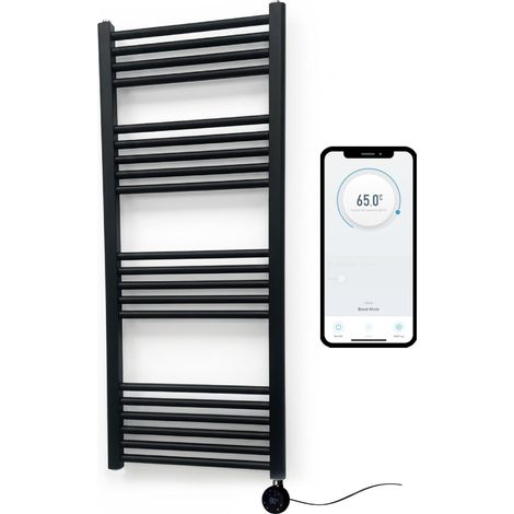 Black Electric Smart WiFi Controlled Heated Towel Rail 500mm W x 1200mm H Straight 7 Day Programmable Timer App Compatibility