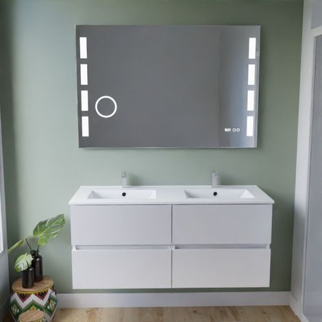 Komplett aus Edelstahl gefertigtes Doppelwaschbecken 120 cm ROSINOX + Excellence LED-Spiegel Ò Weiﬂ  Ò Sp∏lbeckenoberflâche aus Keramik (1/5)
