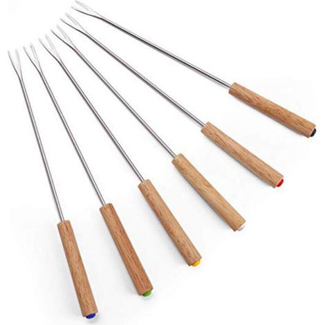 6-teiliges Käsefondue-Set mit Holzgriffen, Fondue-Spießen aus Edelstahl, Burgunder-Fondue-Spießen, Schokoladengabeln, 24 cm, für Grillgerichte, Brot und Gemüse (1/4)