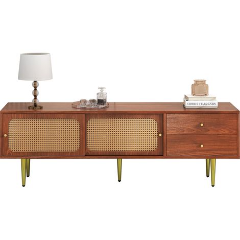 Meuble TV 160 cm en MDF bois foncé avec 2 tiroirs et portes coulissantes- FLORAGRACE (1/5)