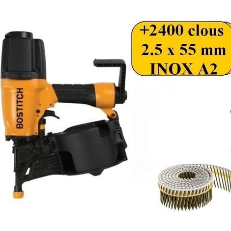 Bostitch – Cloueur pneumatique pour bardage – Lot de 2450 clous inox 2.5 x 55mm – Réglage profondeur – Échappement 360° – Corps aluminium