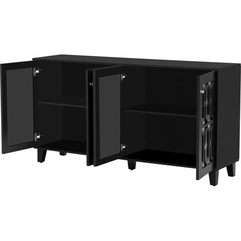 Buffet noir à effet miroir avec poignées en cristal, 4 portes, avec tablette intérieure mobile, pour salon et salle à manger, 160 x 40 x 84 cm (1/5)