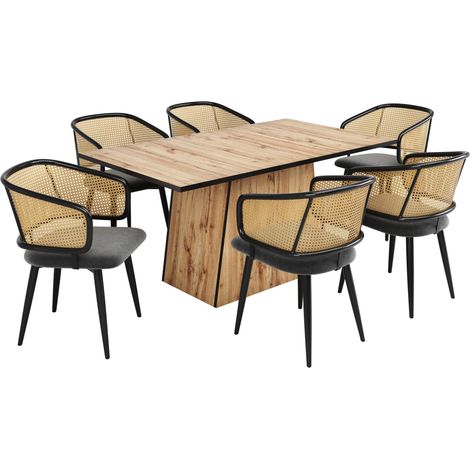6er Set Esszimmerstühle, Rattan-Rückenlehne, Samtsitz, Eisenbeine, Grau (1/5)