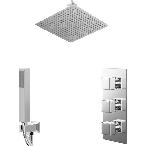 Cubix Polished Chrome Concealed Triple Thermostatic Shower Valve and 400mm Square Head with 150mm Ceiling Arm and Outlet Holder with Kit - 2 Outlet (1/5)