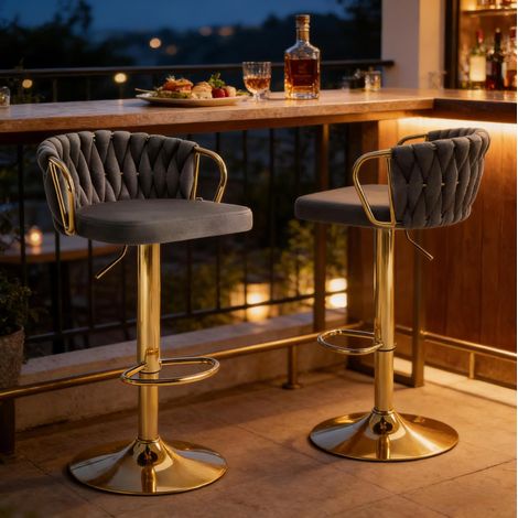 REDOM - Lot de 2 tabourets de bar - pivotants et réglables en hauteur - dossier avec accoudoirs - repose pieds - métal et velours - gris foncé (1/5)