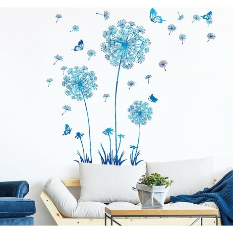 Stickers Muraux Pissenlit Bleu Autocollants Muraux Bleu Fleurs papillons pissenlit pour Salons Chambres Bureaux Canapé Fond Décoration Murale (1/5)
