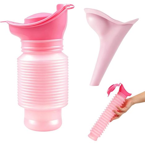 Urinoir Repliable pour Femme avec Entonnoir – 1 Set (750 ml) en Silicone, pour Voyages, Camping et Bouchons – Rose (1/5)