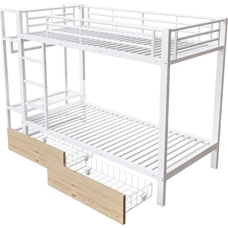 Letto a castello 90 x 200 cm in metallo bianco con LED, 2 cassetti e vani contenitori (1/5)