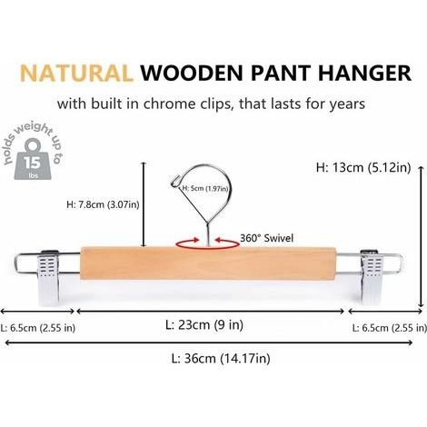Set mit 10 Kleiderbügeln aus Naturholz, 36 cm, für Hosen, Röcke, Socken, Unterwäsche, rutschfeste Bügel mit Clips (1/4)
