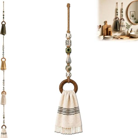 Irovami Porte-serviettes décoratif à perles avec anneau en bois, étagère de salle de bain en macramé B (1/5)