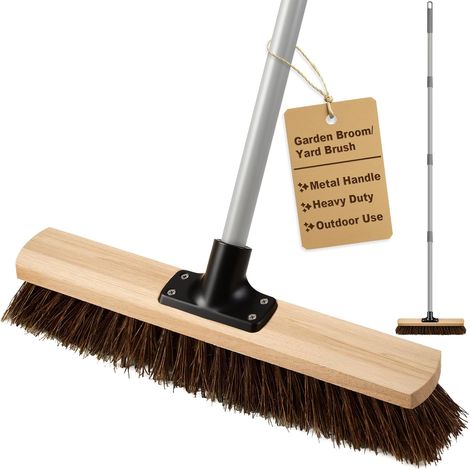 Balai de jardin d'extérieur robuste de 40,6 cm avec long manche (160 cm), brosse de cour avec poils durs naturels en bassine et poteaux métalliques, brosse de balayage rigide pour terrasse (1/5)