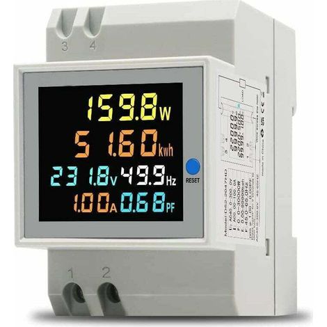 Compteur d'énergie monophasé, compteur électrique numérique, 40-300 V CA, 100 A, wattmètre monophasé, compteur sur rail DIN, voltmètre, ampèremètre, certifié CE (transformateur CA intégré) (1/4)
