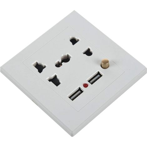 2,1A Dual-USB-Wandladegerät mit Universalsteckdose und weißem Schalter (1/5)
