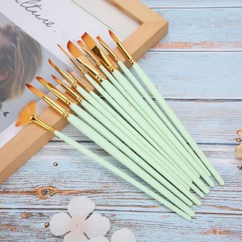12 pcs Brosse Ensemble Aquarelle Pinceau Peinture Nylon Outil Art Fournitures pour Artisanat Collection(tiges vert mat )-GOL (1/3)
